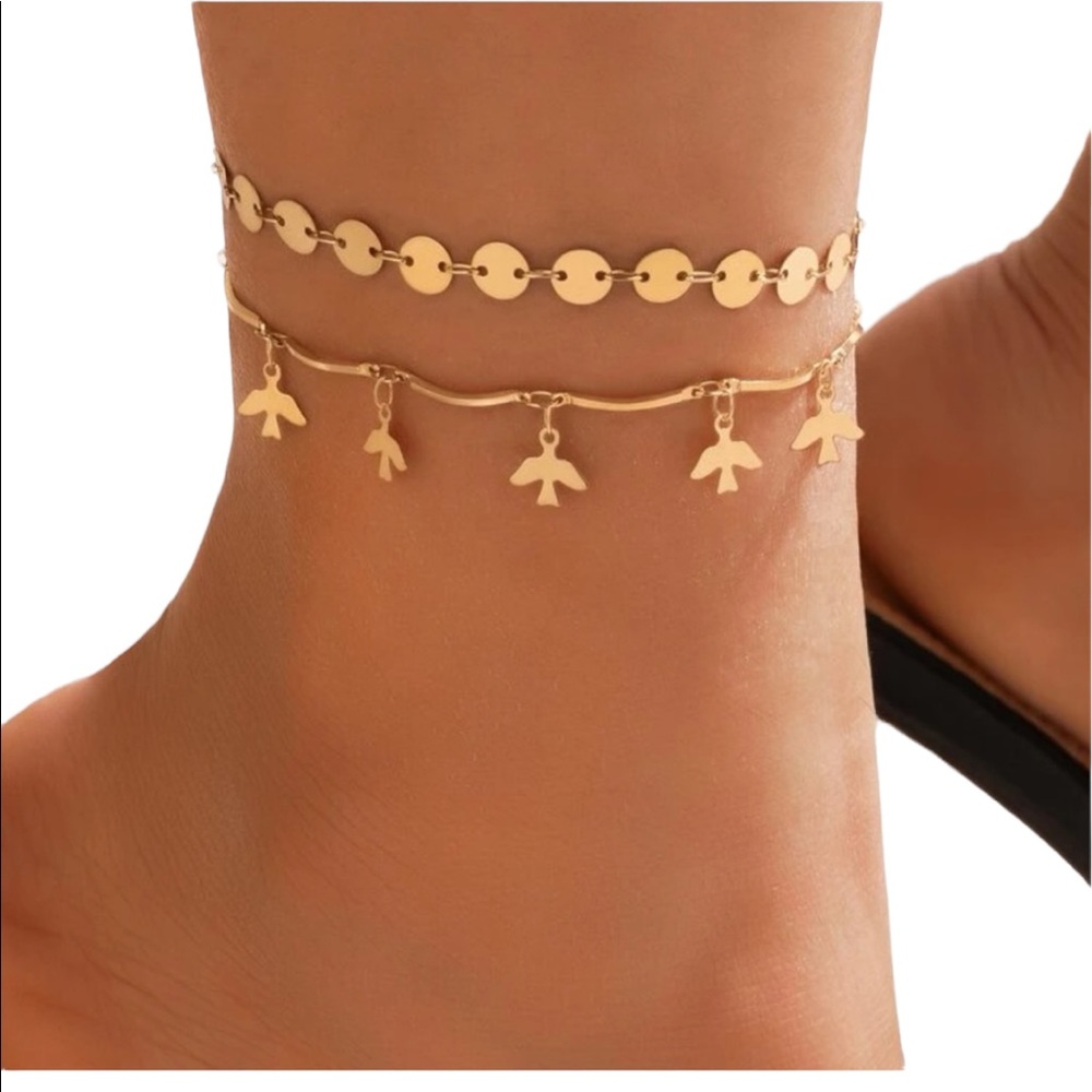 Gold Tone Disk and Bird Anklets